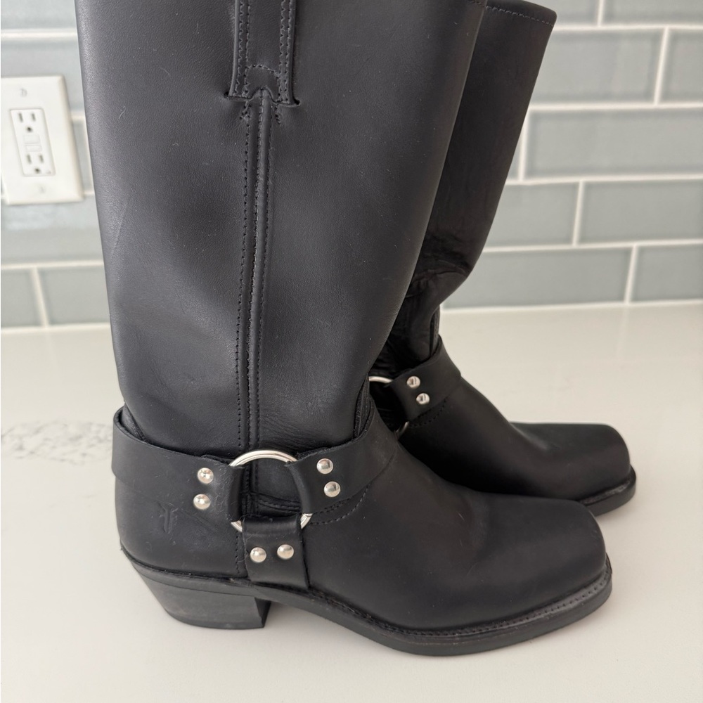FRYE Black Leather Harness Square Toe Moto Boots 8.0 M
